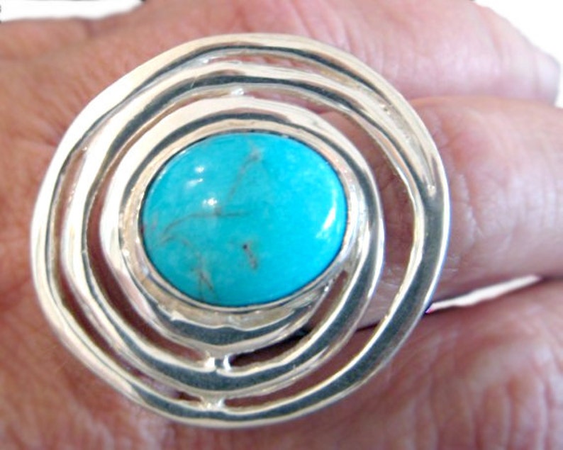 Natural Blue Turquoise and Spiral Sterling Silver Large Ring, Statement Fine Jewelry Gift for Her image 4