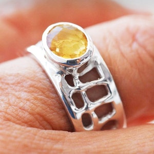 Yellow Citrine Sterling Silver Wide Band Ring, Solitaire Designer Statement Ring, Citrine Jewelry, November Lucky Birthstone Gift image 4