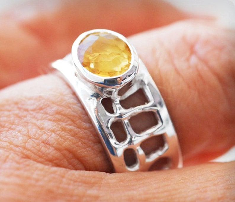 Yellow Citrine Sterling Silver Wide Band Ring, Solitaire Designer Statement Ring, Citrine Jewelry, November Lucky Birthstone Gift image 4