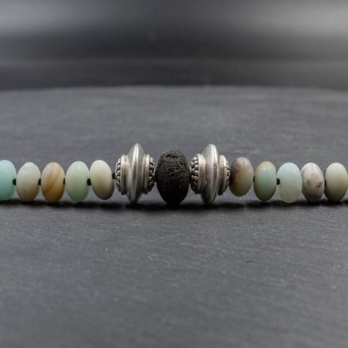 Blue Shades Amazonite Black Lava Stone and Sterling Silver shops Necklace, Hand-Knotted Designer Statement Necklace Gift for Her