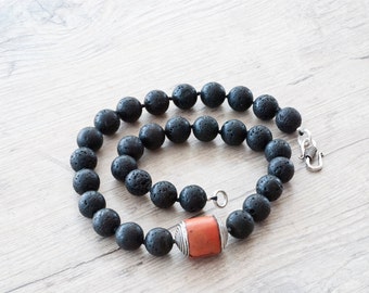 Lava Rock Necklace, Santorini Black Lava Rock & Red Natural Coral, Chunky Modern Necklace,  Contemporary Greek Jewellery, Statement Necklace