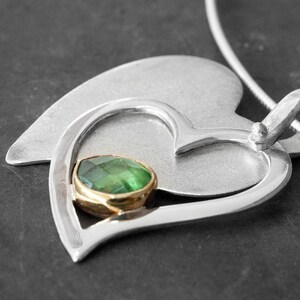 Double Heart Sterling Silver and Gold Pendant with Green Tsavorite Garnet, Romantic Love Necklace Gift for Her image 2