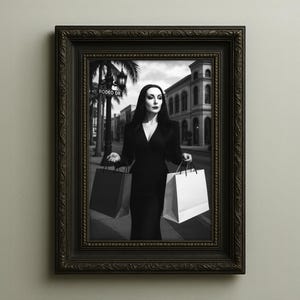 Morticia Addams Art Print – Gothic Glam Digital Download, Dark Feminine Wall Art, Retro Horror Pin-Up, Halloween Home Decor
