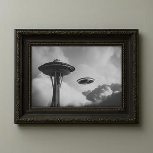 UFO Over The Space Needle Printable Wall Art - Seattle Skyline Alien Art - Retro Futuristic UFO Home Decor - Instant Download
