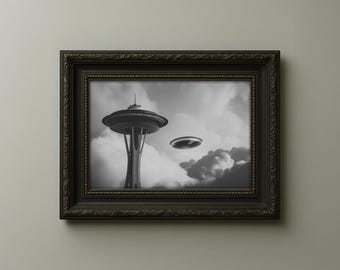 Arte OVNI de la Space Needle de Seattle – Lámina retro de ciencia ficción (Descarga digital)