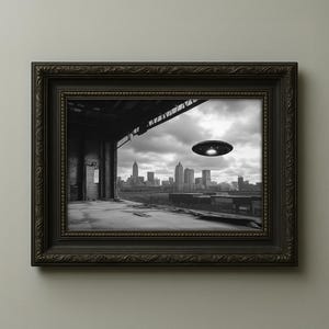 UFO Over Detroit – Industrial Sci-Fi Art Print in Black and White, Vintage UFO Photo Wall Decor, Urban Alien Encounter Photography