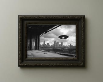 Lámina artística OVNI sobre Detroit – Fotografía vintage de ciencia ficción (Descarga digital)