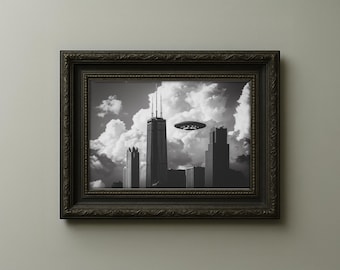 OVNI sobre Chicago - Torre Sears, ciencia ficción en blanco y negro (descarga digital)
