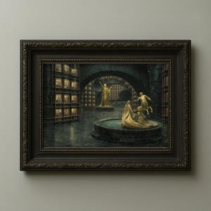 May include: A framed print depicting a surreal scene with golden statues in a dark, arched interior. The artwork features a fountain and figures, with a building in the background. The frame is dark brown with ornate detailing.
