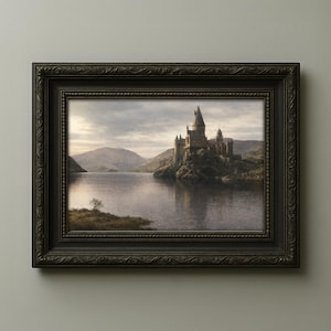 May include: A framed print of a castle on a lake, set against a mountainous backdrop under a cloudy sky. The dark brown frame has ornate detailing. The artwork evokes a sense of fantasy and adventure.