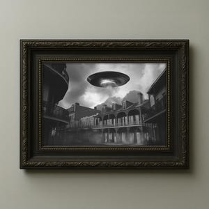 UFO Over New Orleans – Paranormal French Quarter Photo Print, Vintage UFO Wall Art in Black and White, Historical Alien Sighting Artwork