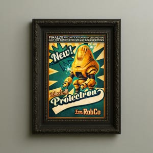 May include: A framed vintage poster with a yellow robot design, the word "Protectron", and the word "New!" on a teal and cream background. The poster is in a black ornate frame, ideal for wall decor in a home or office.