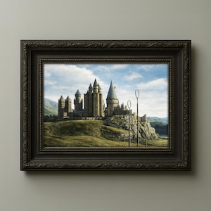 May include: Framed print of a castle on a hill, with a blue sky and clouds in the background. The castle has multiple towers and a conical roof. Two Quidditch hoops are in the foreground. The frame is dark brown with ornate detailing.