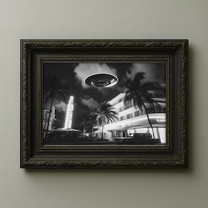 UFO Over Miami – Retro Sci-Fi South Beach Art Print, Vintage 1950s UFO Photo in Black and White, Midcentury Alien Encounter Wall Art