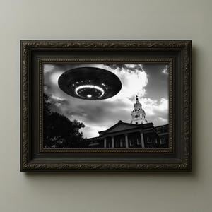 UFO Over Independence Hall – Vintage Alien Encounter Photo, Surreal Sci-Fi Wall Art Print, Historic Building Digital Download
