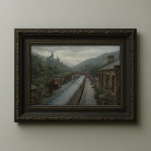 May include: A framed landscape painting depicting a train station with a train on the tracks, a bridge, and a castle in the distance. The painting is in a dark brown ornate frame. The scene is set in a mountainous area with a cloudy sky.