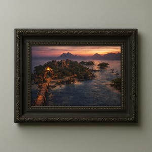 May include: A framed landscape painting depicts a tropical island at sunset. The island features a bridge, buildings, and lush greenery. The sky transitions from orange to purple, and the frame is dark brown.