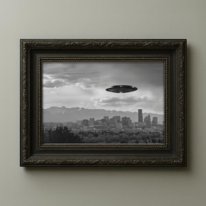 UFO Over Denver Colorado – Vintage Black and White City UFO Art Print, Mid-Century Sci-Fi Wall Decor, Alien Encounter Extraterrestrial