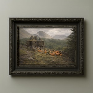 May include: A framed landscape painting depicts a rustic cottage nestled on a hillside, surrounded by pumpkins. The artwork features a dark, ornate frame. The background shows a forest and mountains under a cloudy sky, creating a serene autumn scene.