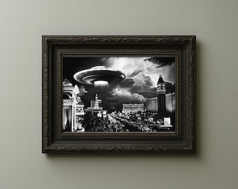 Fotografía de ovnis en Las Vegas: impresión surrealista de ciencia ficción en blanco y negro (descarga digital)