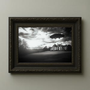UFO Over the Biltmore Estate – Vintage Black & White Alien Encounter Print, Surreal Historic Mansion Wall Art, Sci-Fi Conspiracy Decor