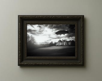 UFO Over Biltmore Estate Print – Vintage Sci-Fi Conspiracy Wall Art (Digital Download)