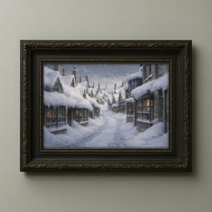May include: A framed print of a snowy village scene. The artwork depicts a snow-covered street lined with buildings, with snow on the roofs and icicles hanging from the eaves. The frame is dark brown with ornate detailing.