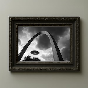 UFO Over the Gateway Arch – Vintage Sci-Fi Alien Encounter Photo, Surreal St. Louis Wall Art, Black and White Digital Download