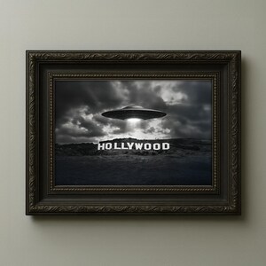 UFO Over Hollywood Sign Black and White Print – Retro Sci-Fi Alien Invasion Art, Vintage UFO Wall Decor, Extra-Terrestrial Poster, Digital