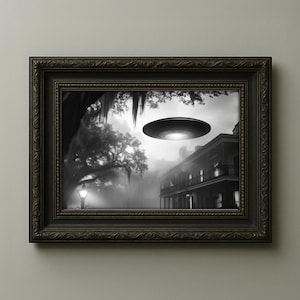 UFO Over Savannah – Southern Gothic UFO Sighting Art Print, Vintage Paranormal Black and White Wall Decor, Alien Mystery Photography