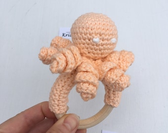 Pastel colored rattle toy Octopus with wooden ring , amigurumi crochet toy, ocean animal