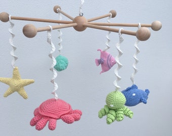 Marine crib mobile for newborn, ocean life pastel colored crochet rattles, underwater rattle toys for toddlers , amigurumi animals, baby toy
