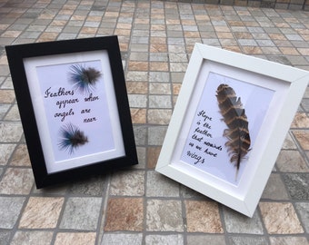 Home decoration - handwritten calligraphy quote of feathers with real bird feathers - gift idea - home decor - picture frame