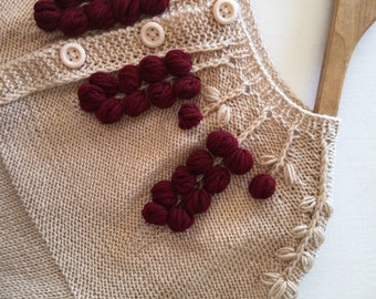 Women’s cardigan “Embroidered berries”, handknit buttoned jacket, coat, unique style with dark red berries, hand embroidered edges