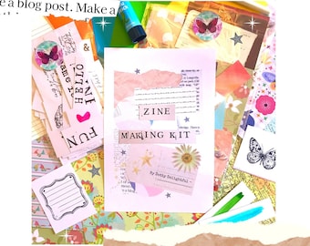 May include: A colorful collage featuring a "ZINE MAKING KIT" with various paper scraps, stickers, and a glue stick. The kit includes a variety of decorative elements, including butterflies, stars, and floral designs, perfect for crafting.