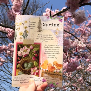 Peut inclure: Un collage de papiers découpés sur le thème du printemps. Le collage présente une fougère, un nid d'oiseau avec des œufs et une variété de fleurs. Le texte sur le collage comprend le mot "Printemps" et une liste de jours spéciaux en mars et avril.