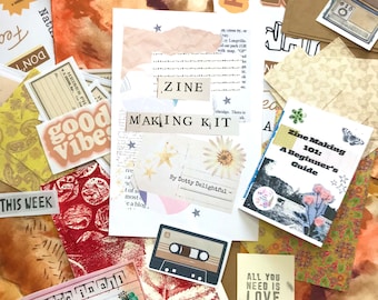 May include: A collage of craft supplies for zine making. The central piece is a card that reads "ZINE MAKING KIT" with decorative elements. Surrounding it are stickers, a cassette tape, a beginner's guide, and other ephemera in warm tones.