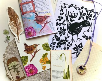 Spring art gift pack, watercolour paintings, zine present, bird art, clay necklace