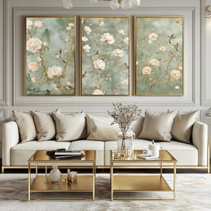 Elegant Chinoiserie Sage Green Botanical Wall Art – Vintage Birds & Peonies – 3-Piece Set  | Grandmillennial Printable Digital Download