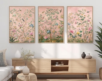 Set di decorazioni murali Blush Chinoiserie / Stampe floreali e di uccelli in 3 pezzi / Arte botanica vintage /