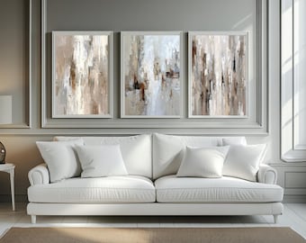 Neutral Abstract Canvas Wall Art Set – 3-Piece Modern Minimalist Prints, Beige Tan Contemporary Home Decor