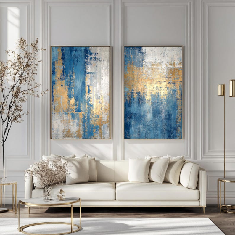 Blue and Gold Abstract Wall Art Set | Modern 2-piece Canvas Print | - Etsy