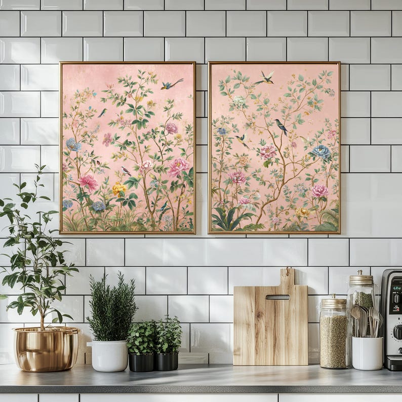 Blush Chinoiserie Wall Art Set | 3-piece Floral & Bird Prints | Vintage ...