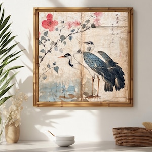 Japanese Crane Art Print: Ukiyo-e Style Cherry Blossom (Digital Download)