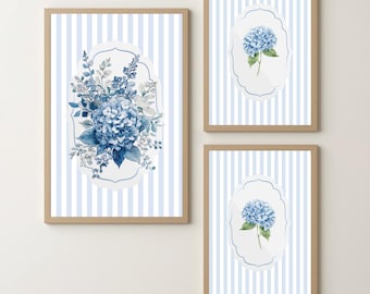 3-Piece Blue Hydrangea Wall Art Set | Striped Floral Botanical Prints | Digital Download