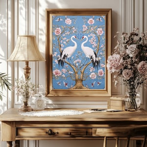 Chinoiserie Crane Print: Vintage Oriental Bird & Blossom Wall Art (Digital Download)