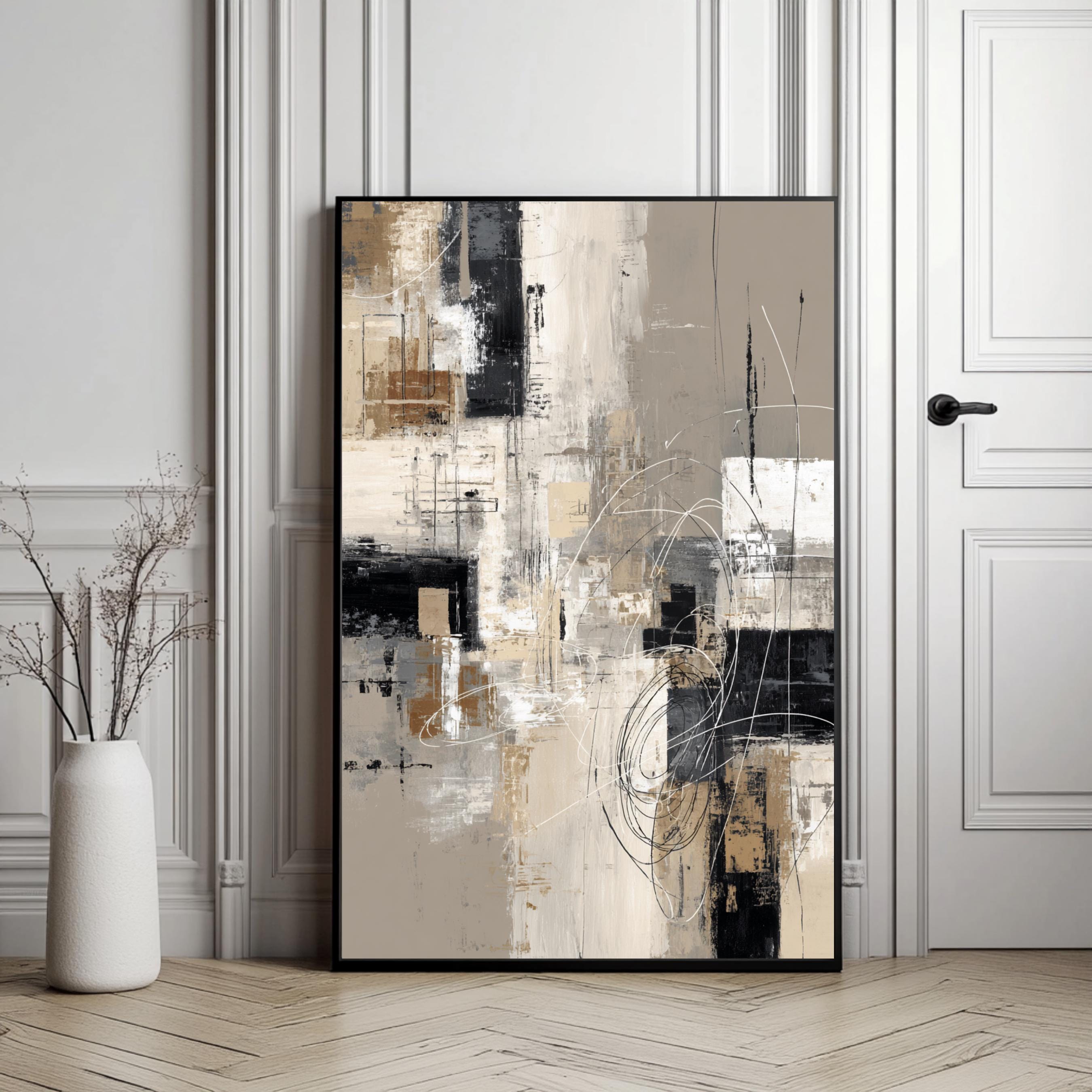 Beige & Black Abstract Art Print: Modern Minimalist Wall Decor (digital ...
