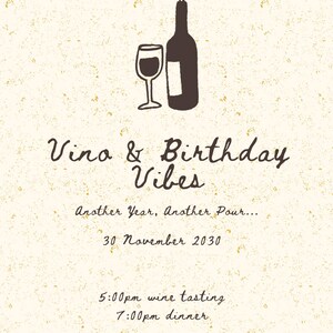 May include: A beige invitation with a wine theme. The top features a wine bottle and glass illustration. Text reads "Vino & Birthday Vibes," with event details: date, time, and location.