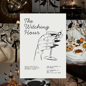 Op de afbeelding: Een collage met Halloween-thema's, waaronder een cake, kaarsen en een cocktail. De poster luidt "The Witching Hour" en bevat een uitnodiging met de tekst "You're invited to cocktails & cackles, potions & pours..." en de datum en tijd.