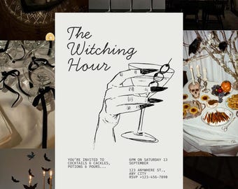 May include: A collage featuring a Halloween-themed party. Includes a cake with candles, a cocktail, and a poster that reads "The Witching Hour." The invitation includes the text "You're invited to cocktails & cackles, potions & pours..." and the date and time.